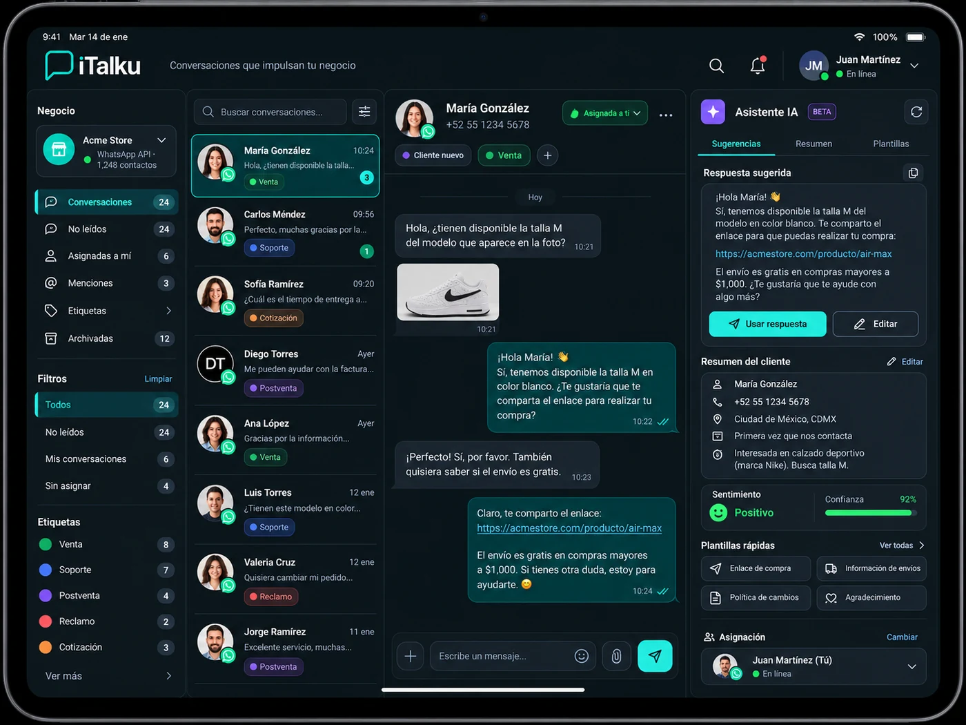 Bandeja de conversaciones de iTalku en tablet